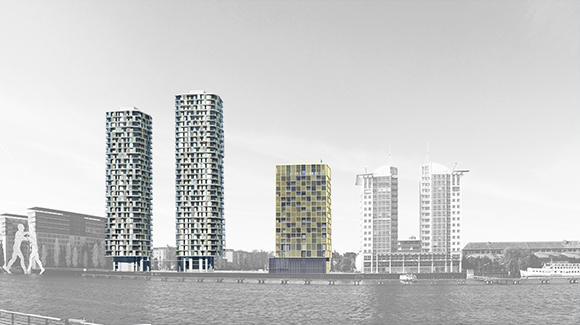 Visualisierung der Punkthochhäuser zwischen den Bestandsbauten ©Pysall Architekten